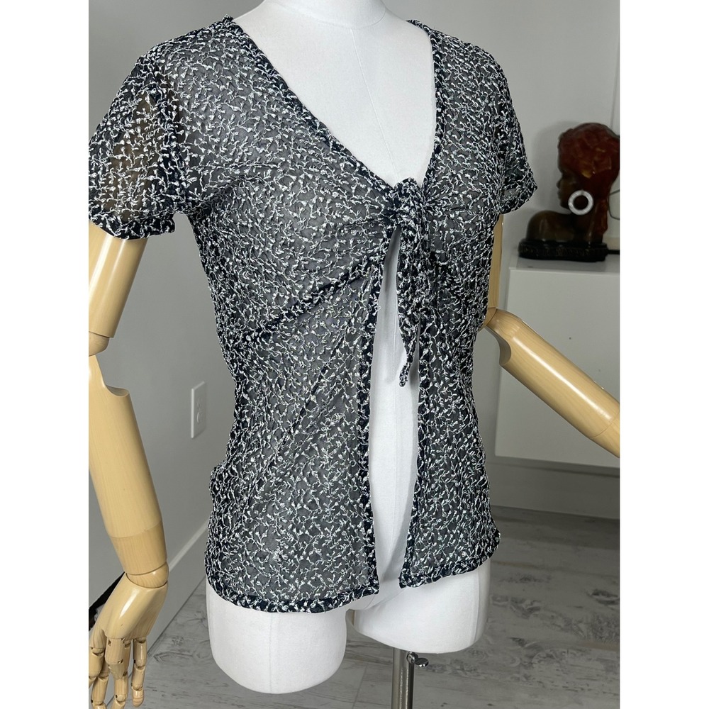 Jamie Nicole Womens Medium Black White Embroidered Mesh Tie Front Cardigan Top